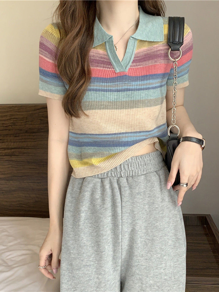 独特设计感2023夏季短款别致polo翻领彩虹条纹针织短袖T恤上衣女