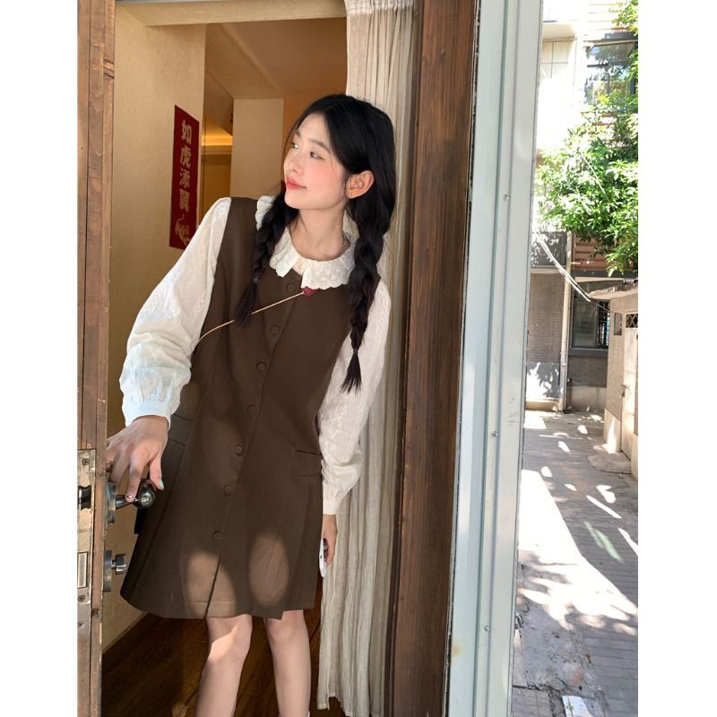 复古花边圆领长袖衬衫女秋季小个子单排扣宽松背心连衣裙两件套装