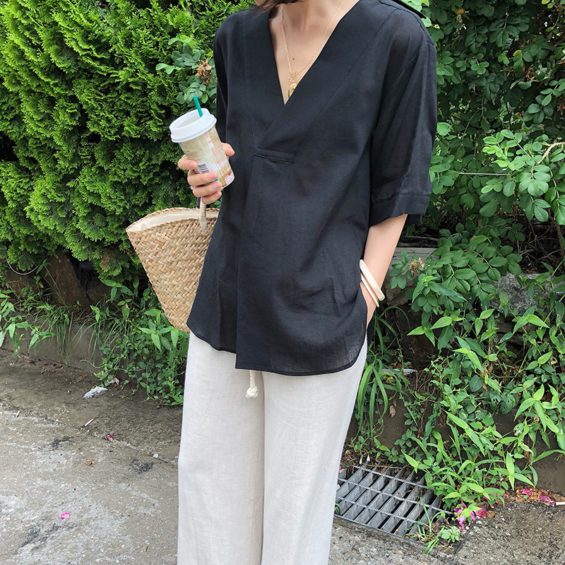 kikochic韩国代购小深V领开叉亚麻休闲简约宽松衬衫女夏季新款2色