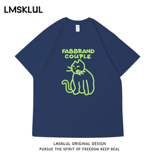 LMSKLUL国潮嘻哈手绘猫咪印花男女同款复古潮流短袖宽松百搭T