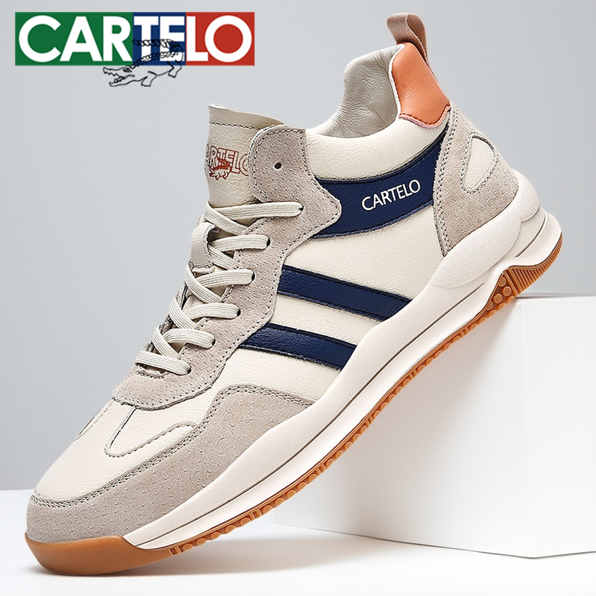 卡帝乐鳄鱼男鞋秋季新款透气帆布鞋真皮休闲运动鞋潮流网面阿甘鞋