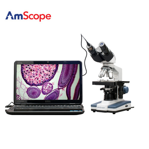 AmScope 40X-2500X双目LED生物复式显微镜3D载物台+500万像素相机