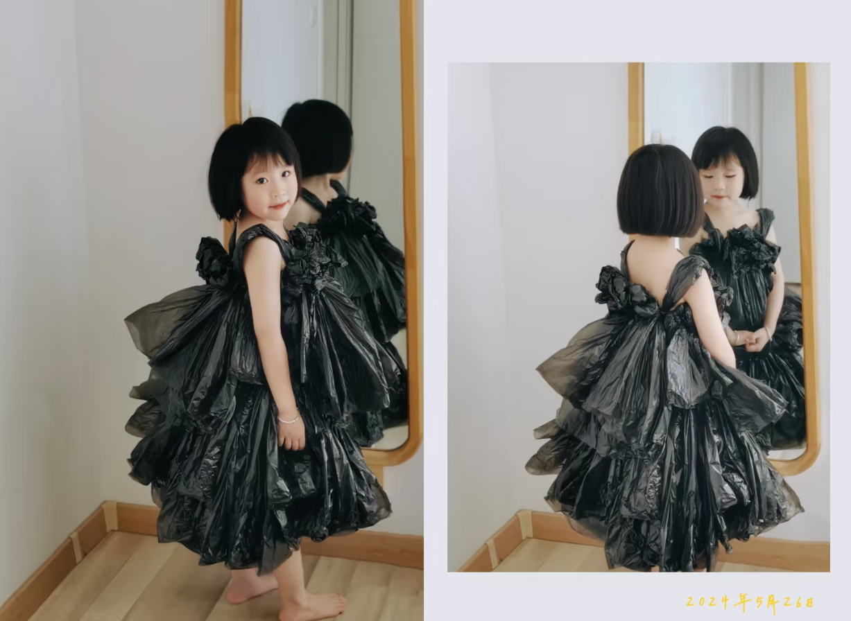 亲子环保时装走秀黑色垃圾袋手工创意环保衣服幼儿童T台拖尾裙子