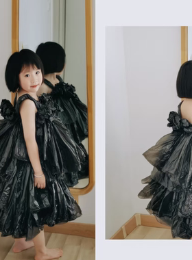 亲子环保时装走秀黑色垃圾袋手工创意环保衣服幼儿童T台拖尾裙子