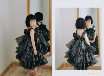 亲子环保时装走秀黑色垃圾袋手工创意环保衣服幼儿童T台拖尾裙子