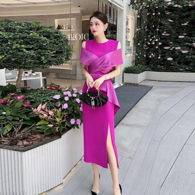 淑女修身过膝裙礼服优雅酒红裙