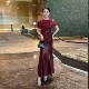 高雅轻熟名媛气质妈妈婚宴礼服酒红色喜婆婆装 高端亮片露肩鱼尾裙