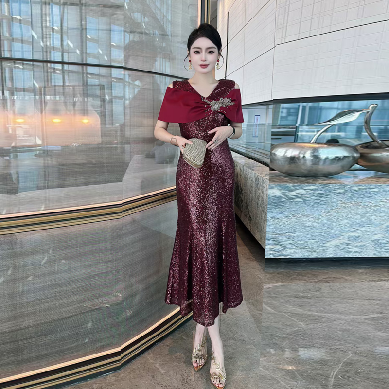 KEXINANQI婚宴装亮片酒红色鱼尾裙参加婚礼妈妈晚礼服轻奢优雅