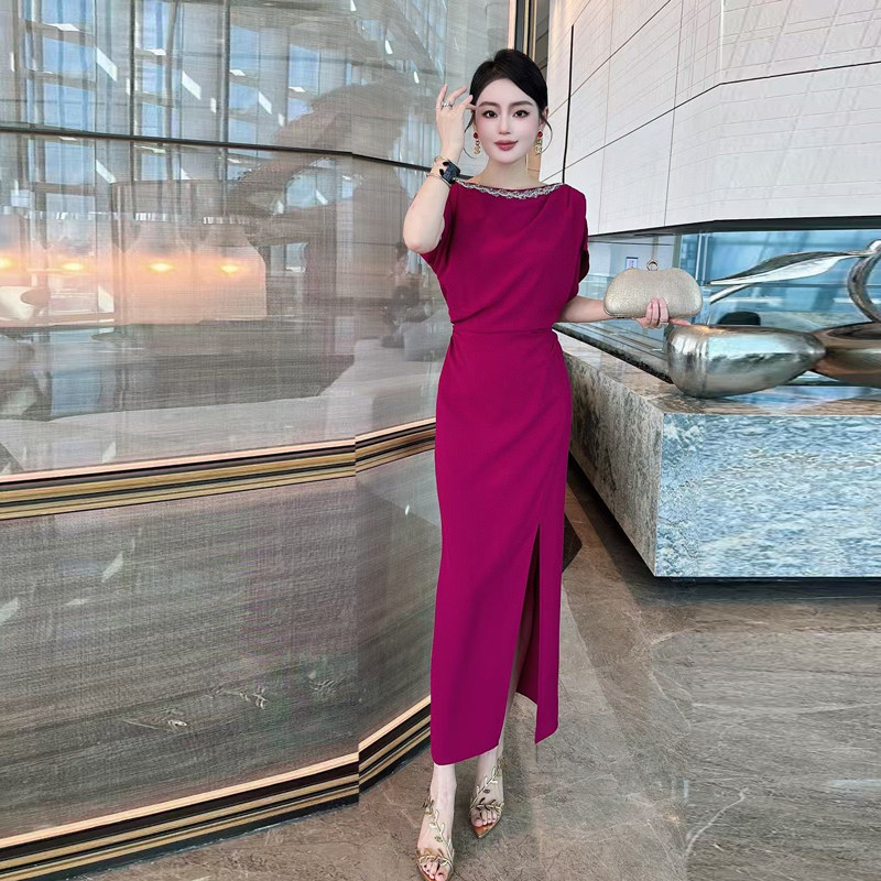 夏季新款女装蝙蝠袖连衣裙长裙轻熟气质淑女慵懒风包臀侧开衩裙薄