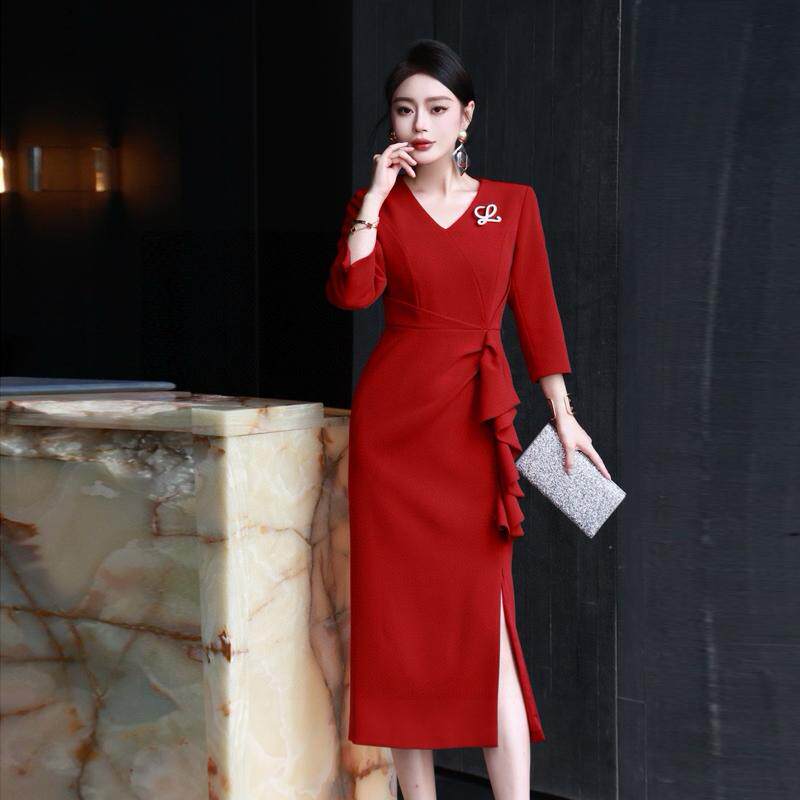 秋冬款优雅气质连衣裙时尚减龄洋气七分袖婚礼宴会礼服裙酒红色裙