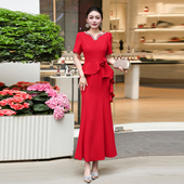 高端红色鱼尾礼服长裙女短袖 钉珠假两件连衣裙 收腰显瘦气质婚宴装