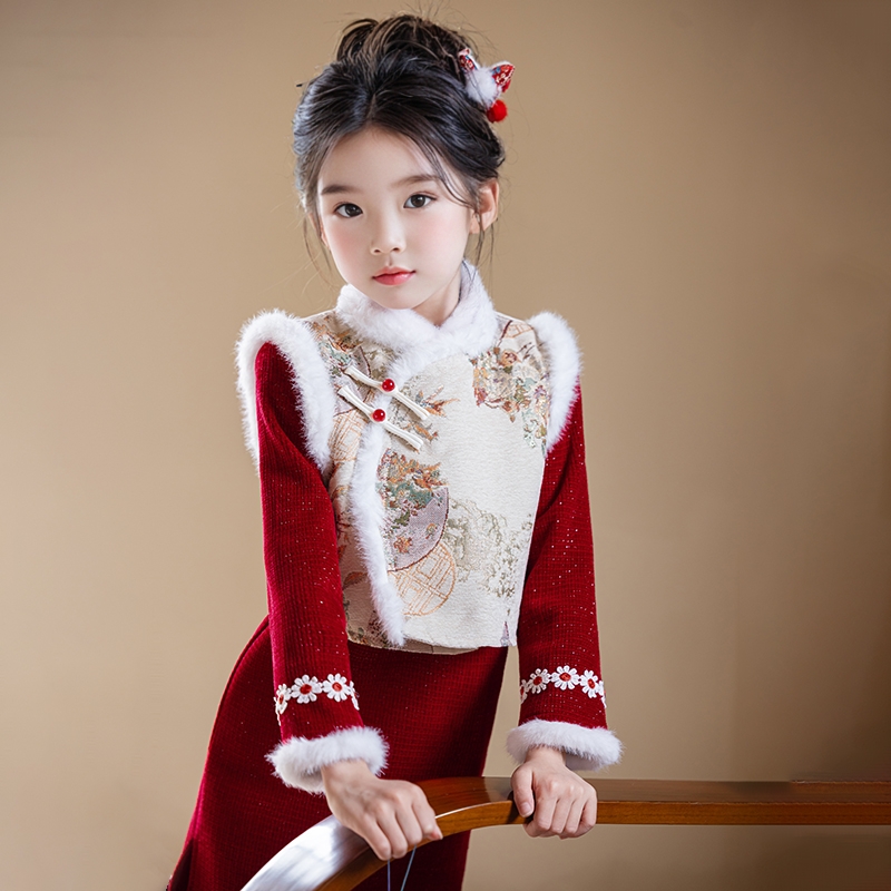 女童旗袍冬季加绒拜年服儿童新中式国风秋冬套装小女孩过年服冬装