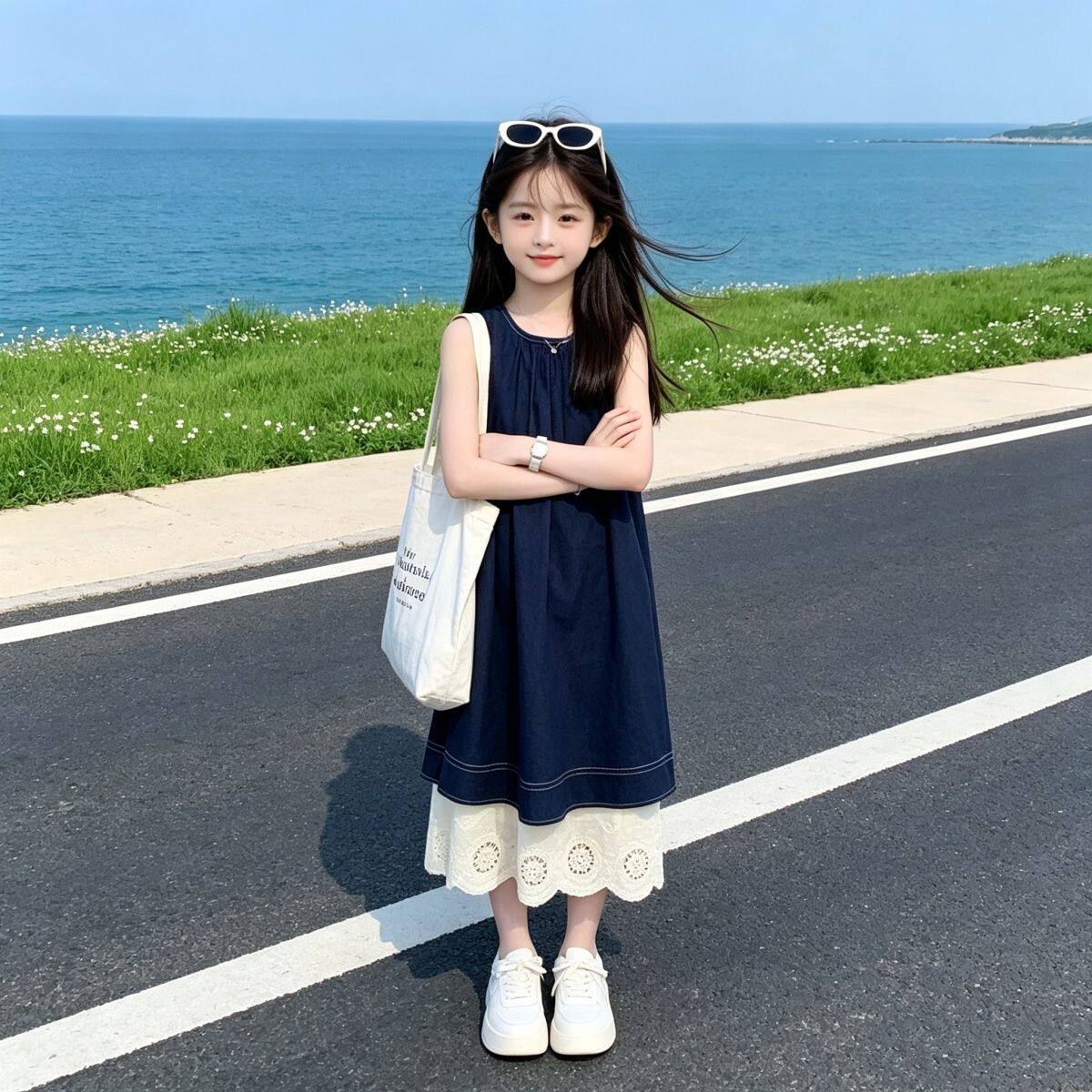 女童无袖牛仔连衣裙2026新款夏季蕾丝拼接假两件中长款背心裙夏装