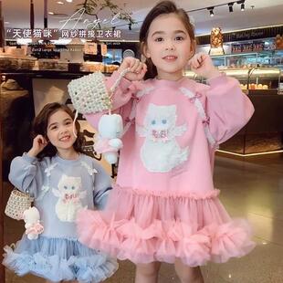 女童加绒卫衣裙2025新款冬装女孩网纱拼接裙子儿童秋冬T恤连衣裙
