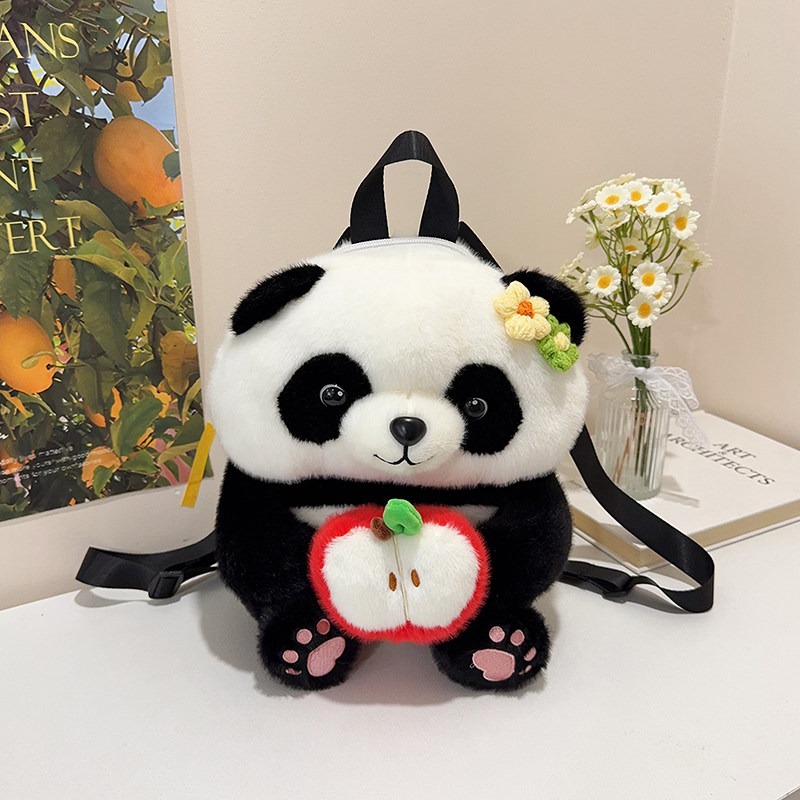 花花熊猫抱牛油果发财苹果双肩背包可爱毛绒公仔玩偶娃娃儿童书包,玩具/童车/益智/积木/模型,书包,淘宝优惠券,粉丝福利购,淘宝优惠卷