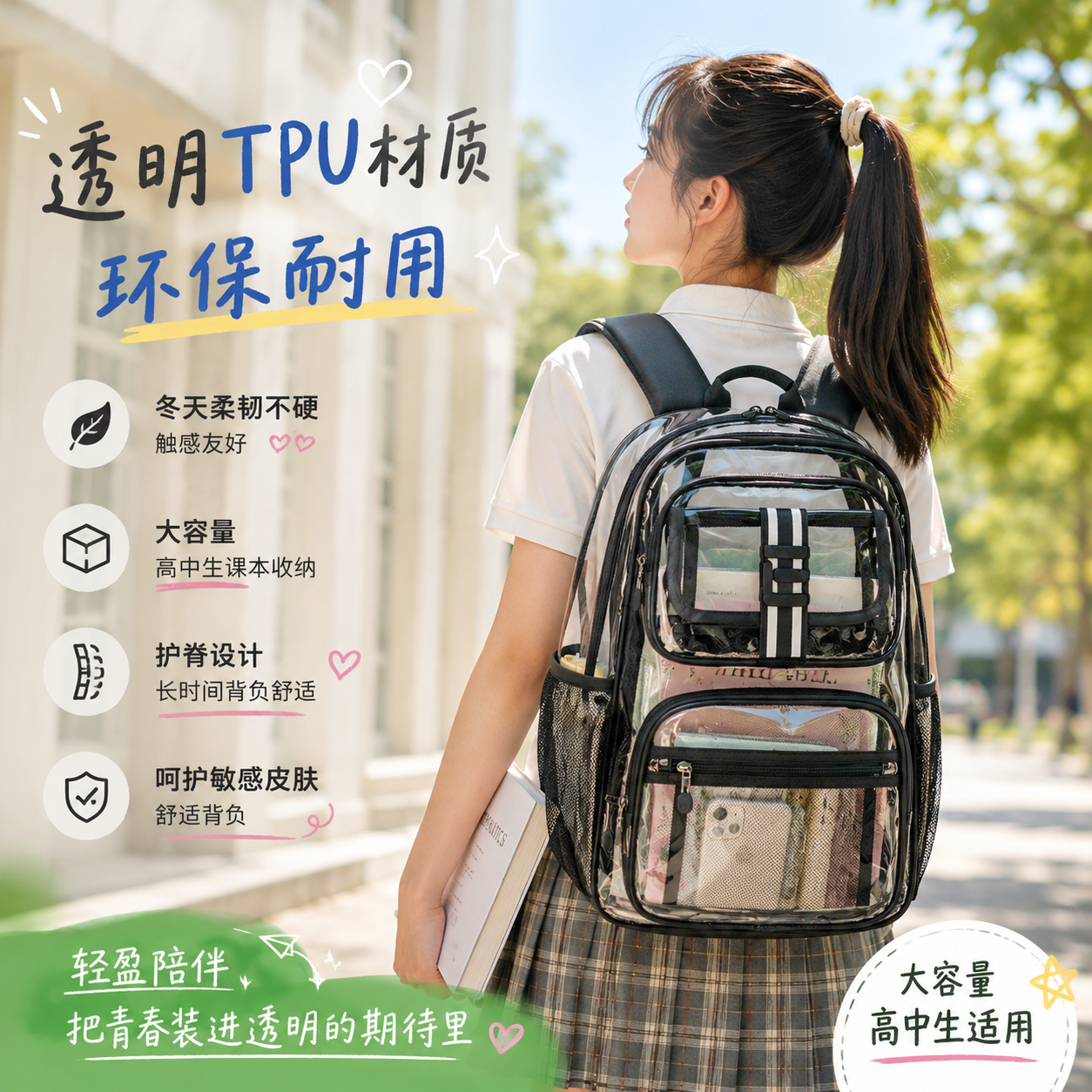 环保透明双肩包女 16寸电脑包韩版防水TPU背包初高中学生书包男生