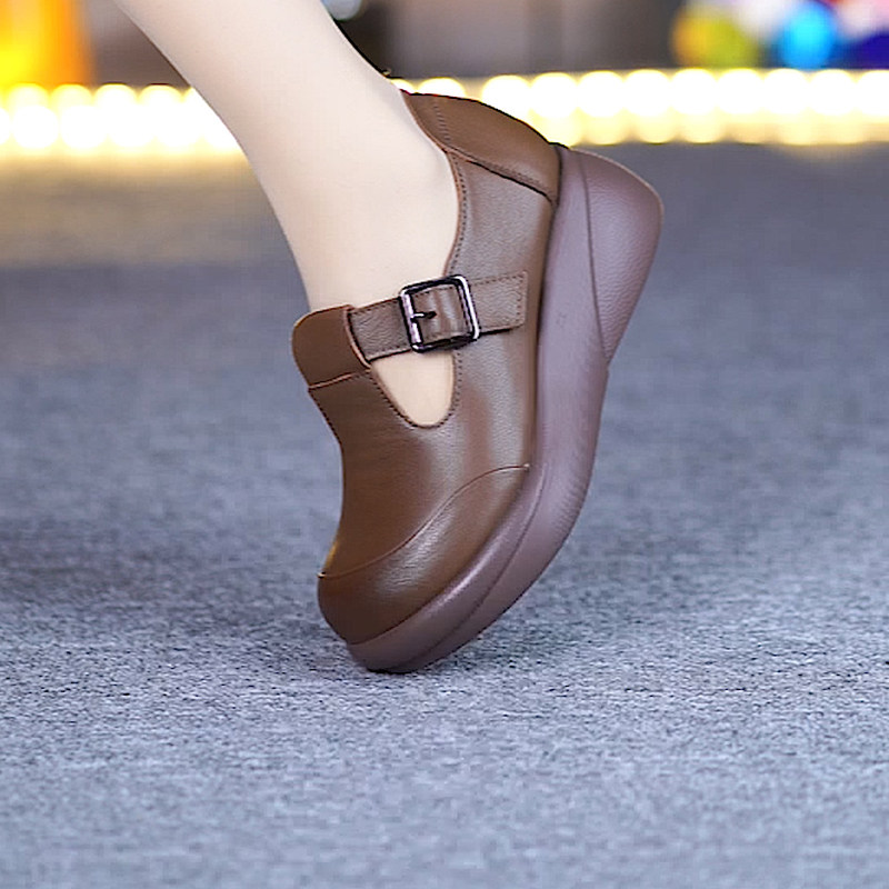 松糕厚底软底轻便真皮单鞋女春季新款圆头休闲复古中老年妈妈鞋