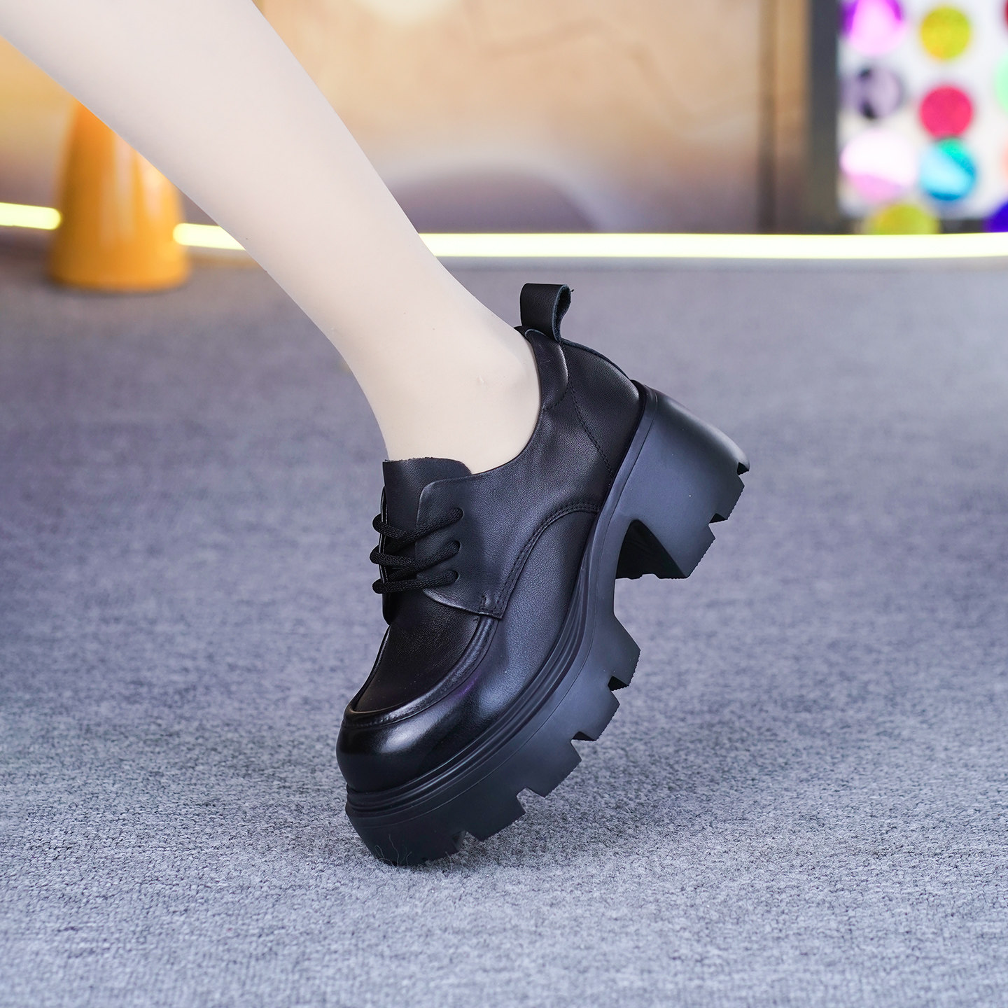 真皮深口单鞋女春秋新款头层牛皮厚底粗跟英伦风系带一体跟乐福鞋,女鞋,深口单鞋,淘宝优惠券,粉丝福利购,淘宝优惠卷