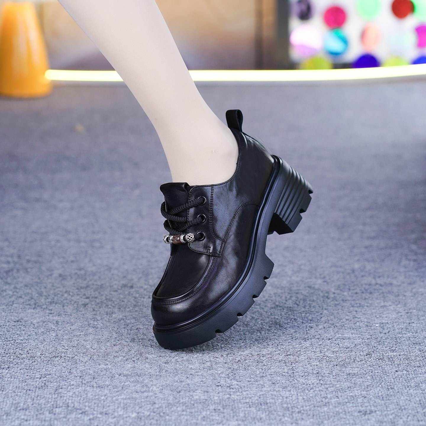 真皮粗跟单鞋女春秋新款纯牛皮一体跟圆头松糕底系带深口乐福鞋,女鞋,深口单鞋,淘宝优惠券,粉丝福利购,淘宝优惠卷