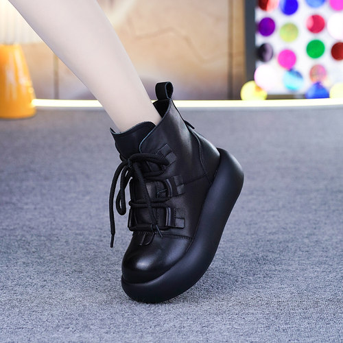 真皮复古加绒松糕厚底马丁靴