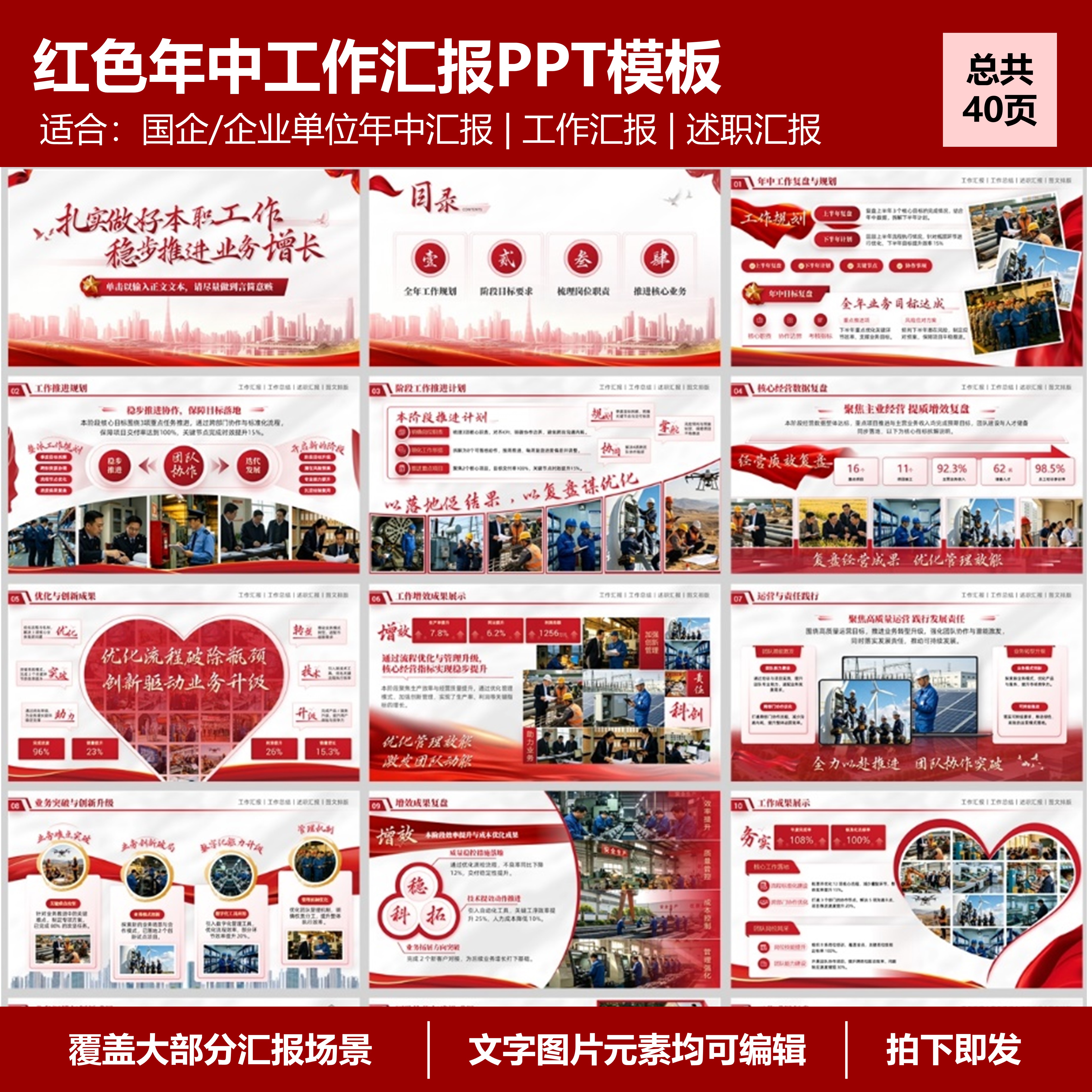 ppt模板红色主题高级感职场国企单位通用年中总结工作汇报PPT模板图片