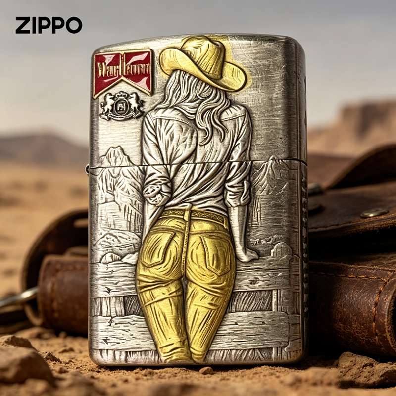 zippo正品煤油打火机重甲套壳牛仔女郎浮雕填漆送男朋友礼物收藏