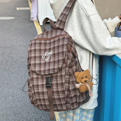 复古格子双肩包休闲高中初中大学生书包秋冬新款轻便大容量背包女