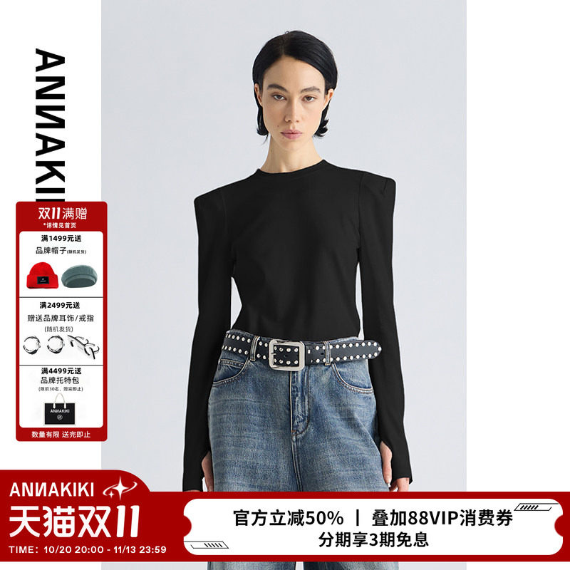 ANNAKIKI T恤 小众设计师款女装 立体垫肩长袖T恤百搭打底衫上衣