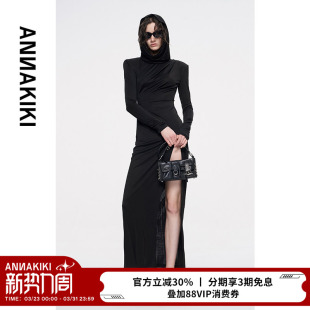 黑色醋酸兜帽开衩长裙连衣裙 小众设计师款 ANNAKIKI连衣裙 秋季
