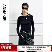 小众设计师款 女装 黑色镂空四芒星长袖 ANNAKIKI上衣 T恤打底衫