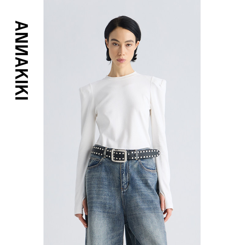 ANNAKIKI T恤 小众设计师款女装 立体垫肩长袖T恤百搭打底衫上衣