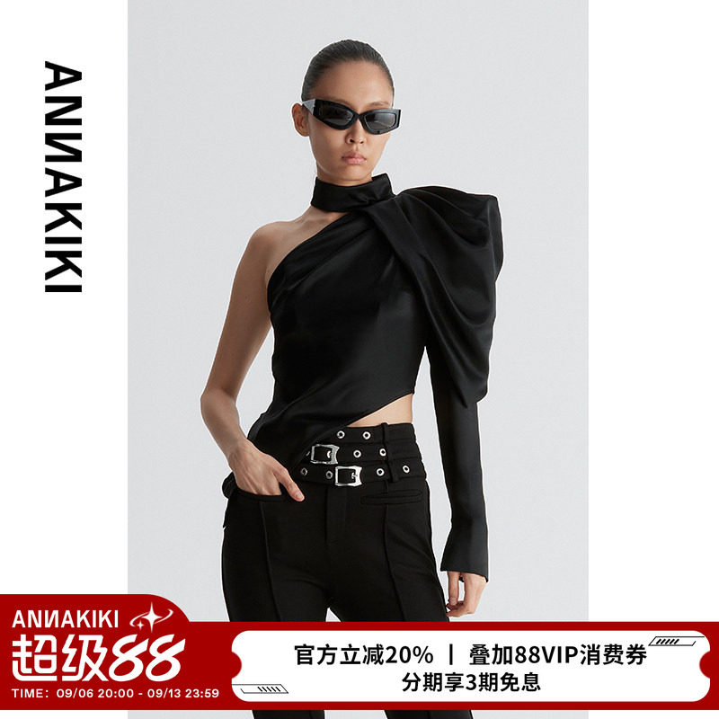 ANNAKIK【宁艺卓/鞠婧祎/李小冉同款】醋酸不对称捏褶露肩上衣女图片