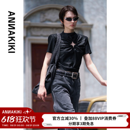 ANNAKIKI上衣 小众设计师款 别致黑色四芒星镂空捏褶垫肩T恤上衣