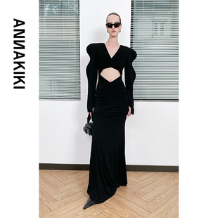 ANNAKIKI【佘诗曼\陈丽君明星同款】小众醋酸波浪袖镂空V领连衣裙