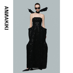 小众黑色珠片毛边牛仔无袖 Guyton同款 连衣裙 Mickey ANNAKIKI