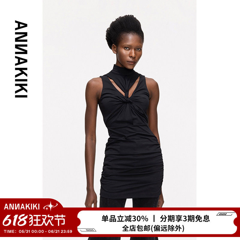 ANNAKIKI连衣裙【弦子明星同款】小众黑色扭结褶皱镂空性感连衣裙