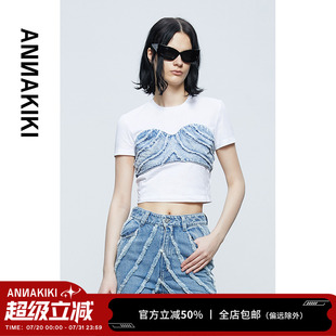 女裝 小眾 T恤 毛邊牛仔拼接短款 T恤女露臍上衣 設(shè)計(jì)師款 ANNAKIKI