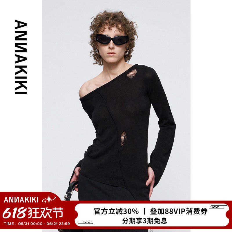 ANNAKIKI毛衫 秋季小众设计师款 不规则四芒星袖破洞套头针织衫