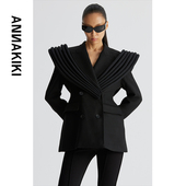 ANNAKIKI 外套女 黑色羊毛3D造型X型西装 杨千嬅明星同款 26春装