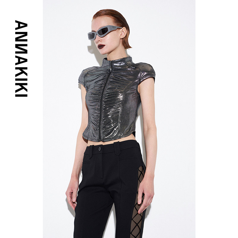 ANNAKIKI【希林娜依高同款】秋装银灰圆肩异型修身短款外套女