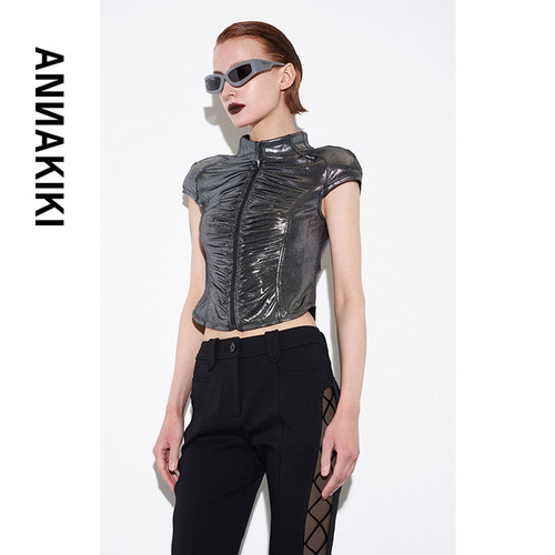 ANNAKIKI【希林娜依高同款】秋装银灰圆肩异型修身短款外套女