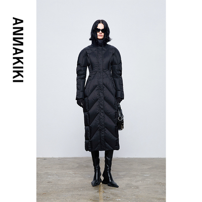 ANNAKIKI羽绒服 冬款设计师款女装小众 黑色绗线收腰长款羽绒服
