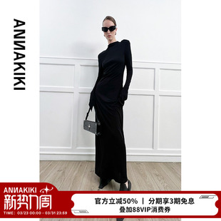 一步连衣裙 长袖 ANNAKIKI连衣裙 小众设计师高级醋酸黑色翘肩修身