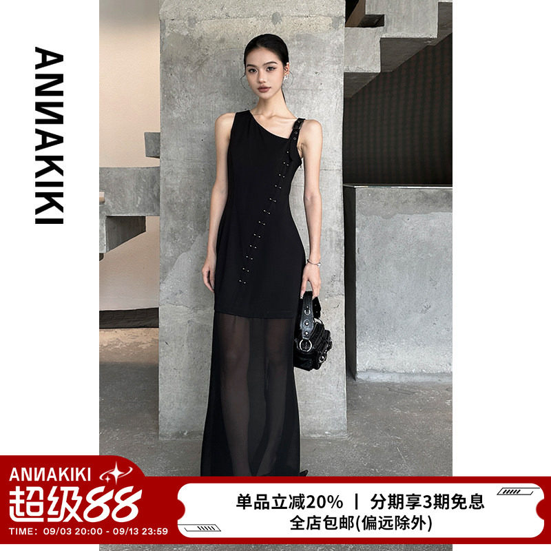 ANNAKIKI连衣裙 小众设计师款女装 黑色透视网纱及地无袖连衣裙女