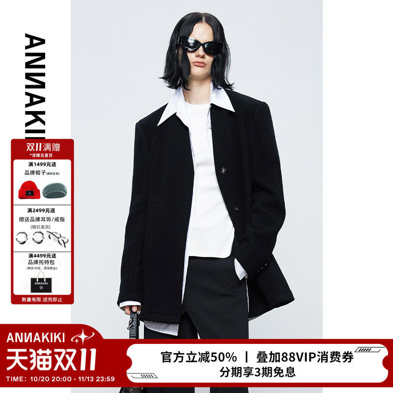 ANNAKIKI 西装 小众设计师款 黑色休闲澳毛拼接分割长袖西装外套