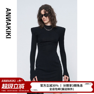 ANNAKIKI连衣裙 女装 黑色醋酸垫肩收腰修身 连衣裙女 小众设计师款