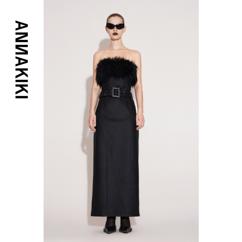 ANNAKIKI【pharita同款】冬装黑色机能环保皮草抹胸连衣裙