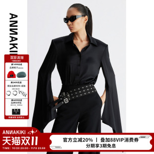 ANNAKIKI衬衫 小众设计师款女装 黑色真丝垫肩超长袖连体衬衫女
