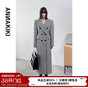 ANNAKIKI毛呢外套 设计师款女装小众 格子立体沙漏型收腰羊毛大衣