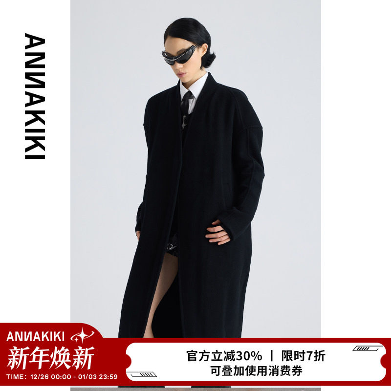 ANNAKIKI毛呢外套 设计师款女装小众 黑色长款澳毛分割茧型大衣女
